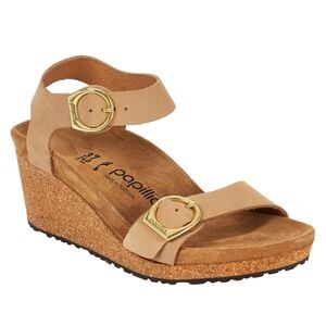 Papillio Beige Wedge Sandals with Gold Buckles
